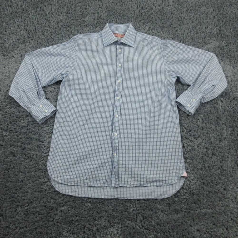 Thomas Pink Shirt Mens 15.5 - 34 Blue Window Pane Long Sleeve Button Up